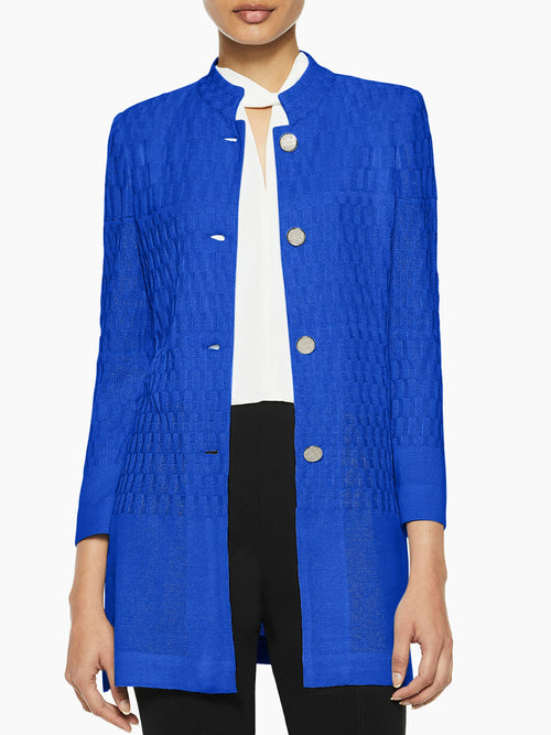 Mandarin Basketweave Knit Jacket, Blue Flame, Blue Flame | Misook