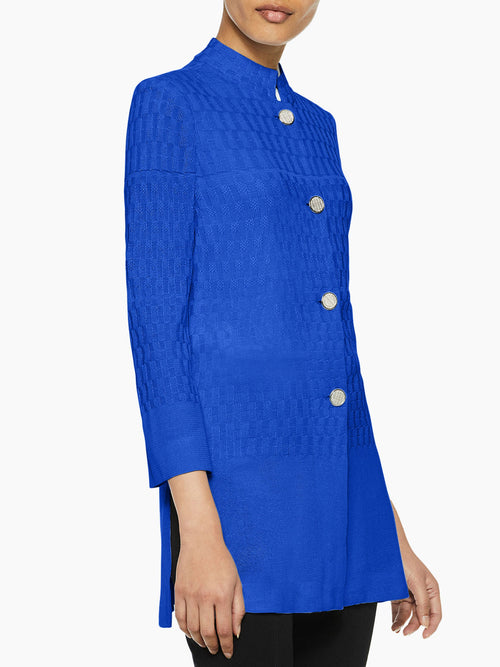 Mandarin Basketweave Knit Jacket, Blue Flame, Blue Flame | Misook