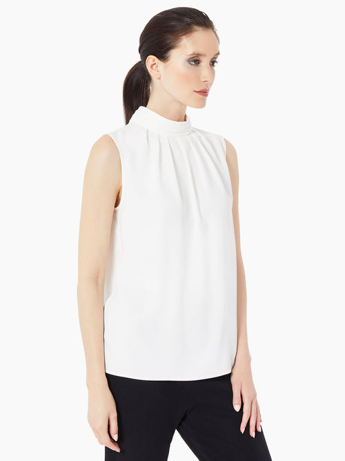 Pleated Mock Neck Crepe de Chine Blouse, White, White | Misook