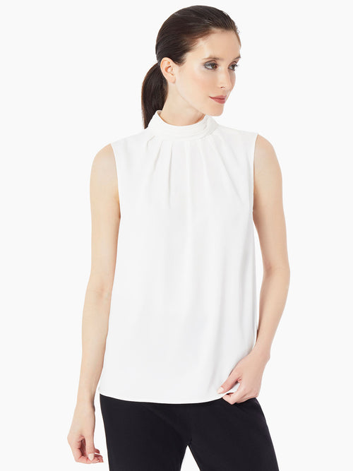 Pleated Mock Neck Crepe de Chine Blouse, White, White | Misook