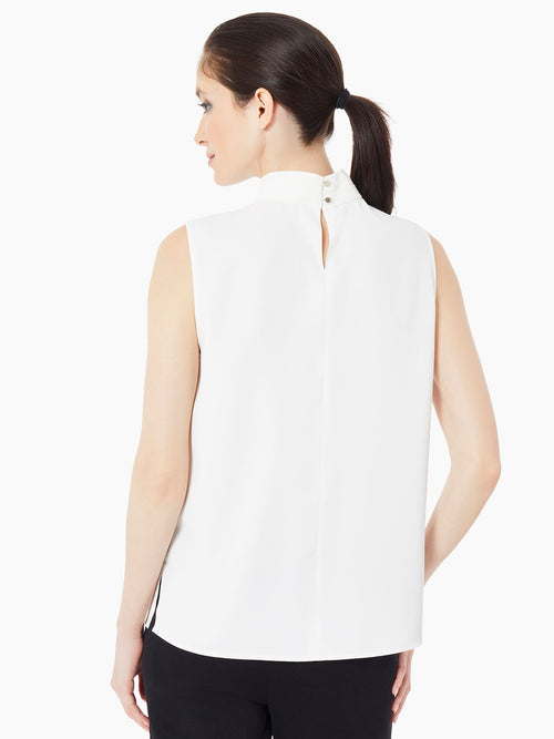 Pleated Mock Neck Crepe de Chine Blouse, White, White | Misook