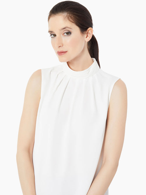Pleated Mock Neck Crepe de Chine Blouse, White, White | Misook