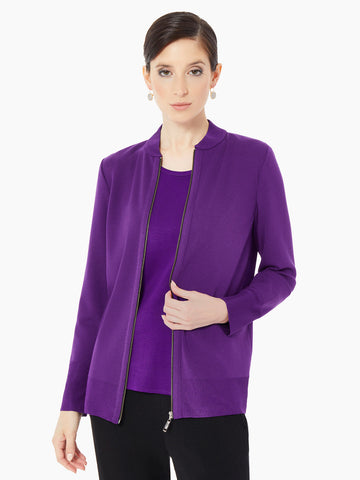 Relaxed Zip Front Knit Bomber Jacket, Imperial Purple