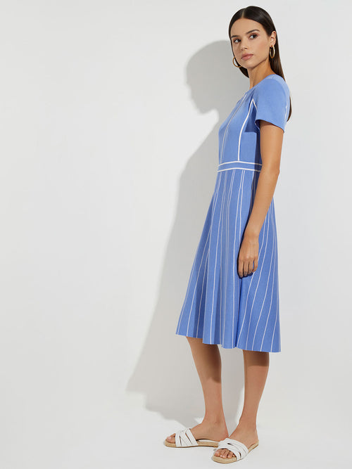Contrast Stripe A-Line Soft Knit Dress, Ribbon Blue/White | Misook