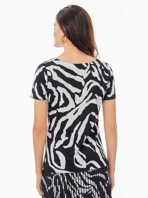 Short Sleeve Zebra Soft Knit Top, Black/White | Misook