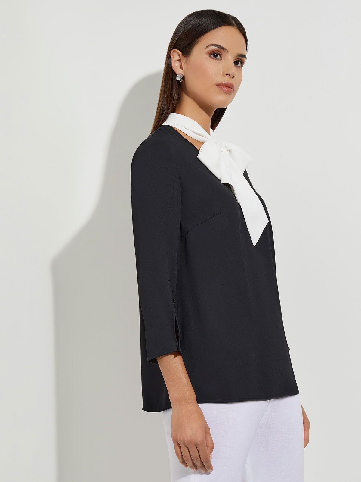 Black Tie Neck Blouse - Black Long Sleeve Blouse | Misook