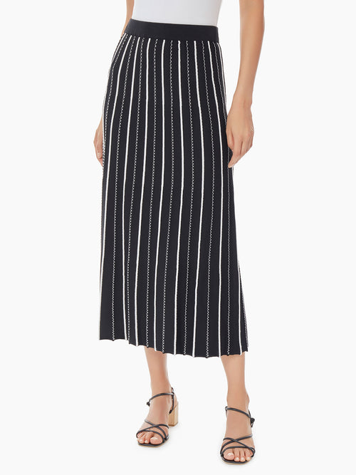 Contrast Pleated Knit Maxi Skirt, Black/White | Misook