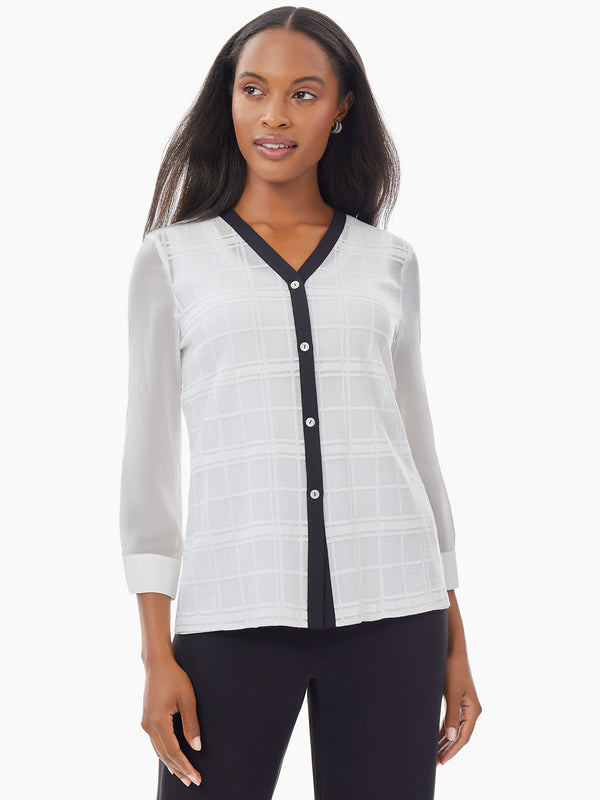 Sheer Plaid Mixed Media Blouse, White/Black | Misook