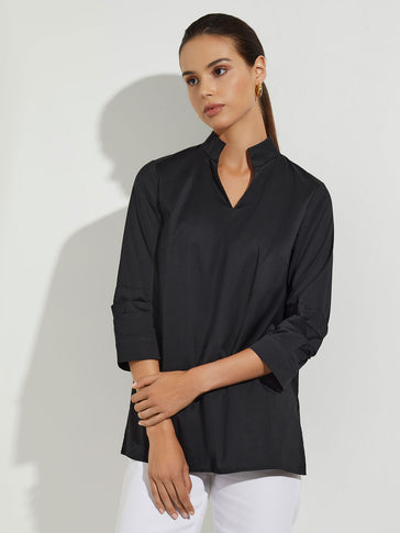 Ruche Sleeve Cotton Tunic, Black, Black | Misook