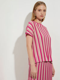 Bold Vertical Stripe Relaxed Knit Tunic, Wildberry Pink/Biscotti | Misook
