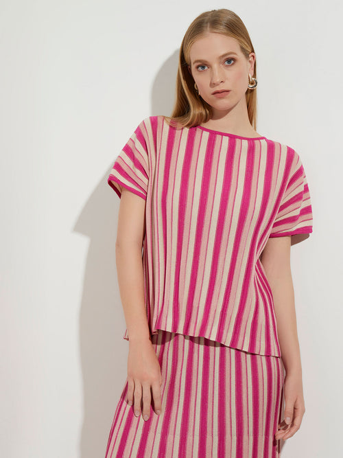 Bold Vertical Stripe Relaxed Knit Tunic, Wildberry Pink/Biscotti | Misook