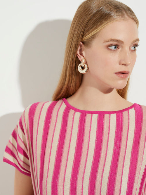 Bold Vertical Stripe Relaxed Knit Tunic, Wildberry Pink/Biscotti | Misook