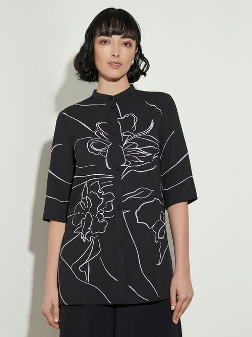 Floral Embroidery Belted Crepe de Chine Blouse, Black/New Ivory | Misook