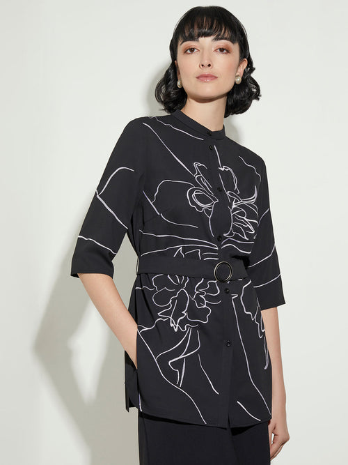 Floral Embroidery Belted Crepe de Chine Blouse, Black/New Ivory | Misook