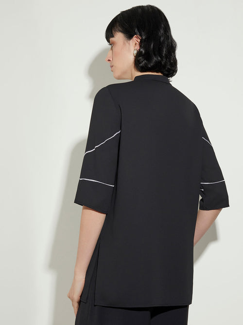 Floral Embroidery Belted Crepe de Chine Blouse, Black/New Ivory | Misook