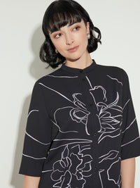 Floral Embroidery Belted Crepe de Chine Blouse, Black/New Ivory | Misook Premium Details