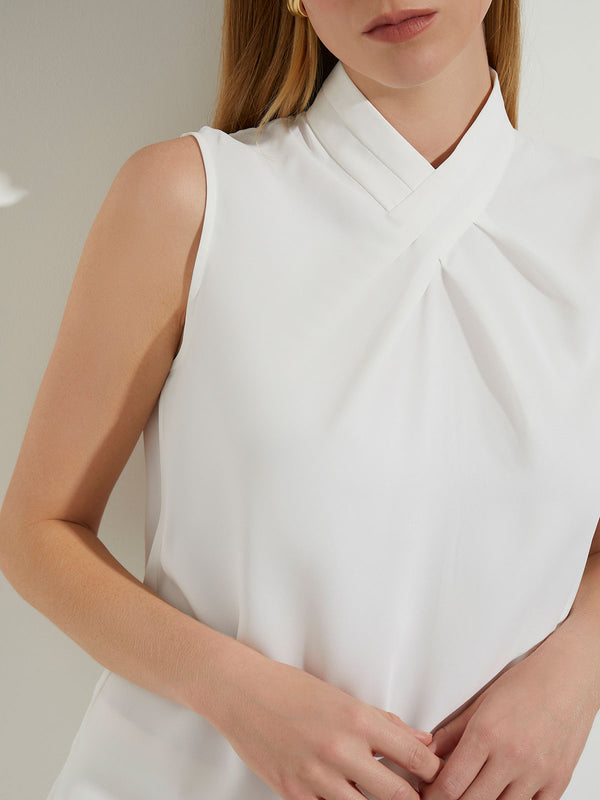 Pleated Crossover Collar Crepe de Chine Blouse, White | Misook Premium Details