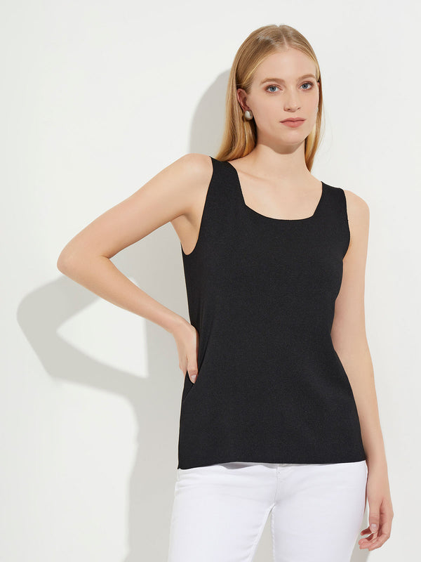 Square Neck Soft Knit Tank, Black, Black | Misook