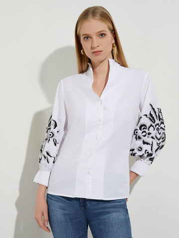 Floral Embroidered Puff Sleeve Cotton Blouse