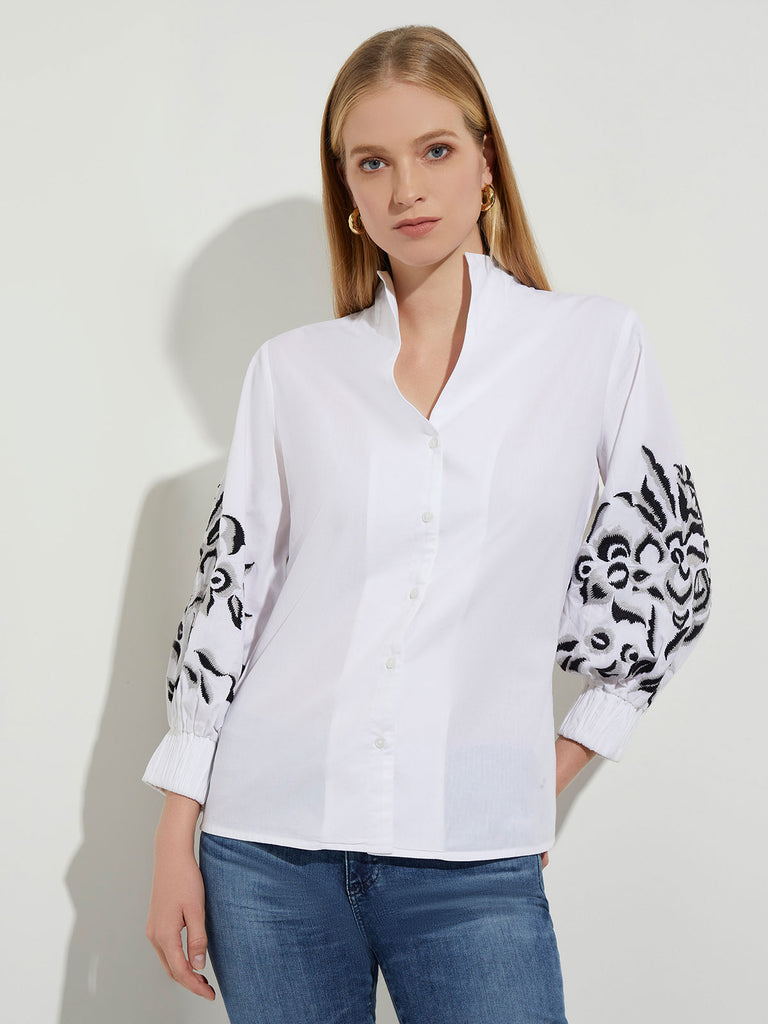 Floral Embroidered Puff Sleeve Cotton Blouse, White/Black | Misook