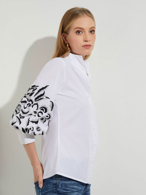 Floral Embroidered Puff Sleeve Cotton Blouse, White/Black | Misook