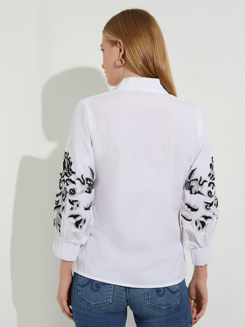 Floral Embroidered Puff Sleeve Cotton Blouse, White/Black | Misook