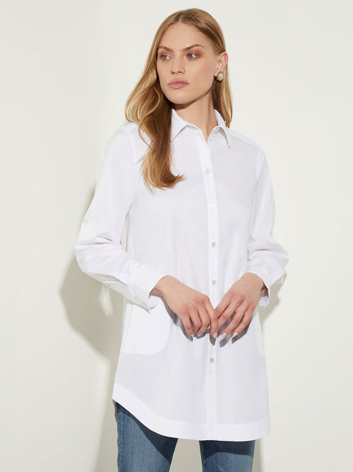 Long Button-Up Cotton Poplin Blouse, White | Misook