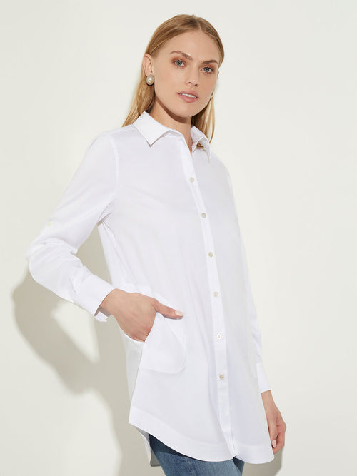 Long Button-Up Cotton Poplin Blouse, White | Misook