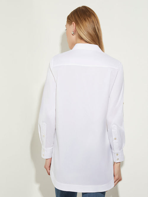 Long Button-Up Cotton Poplin Blouse, White | Misook