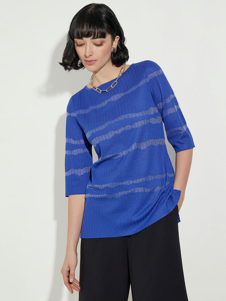 Abstract Shimmer Stripe Knit Tunic, True Blue/Cornflower Blue | Misook