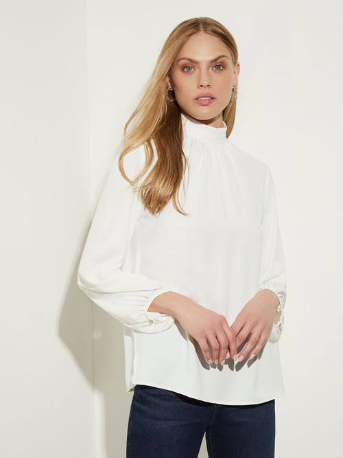 Gathered Mock Neck Crepe de Chine Blouse, White, White | Misook
