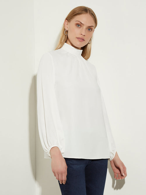 Gathered Mock Neck Crepe de Chine Blouse, White, White | Misook
