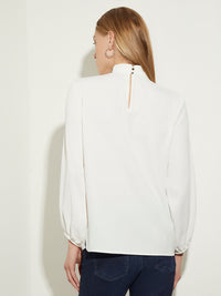 Gathered Mock Neck Crepe de Chine Blouse, White, White | Misook
