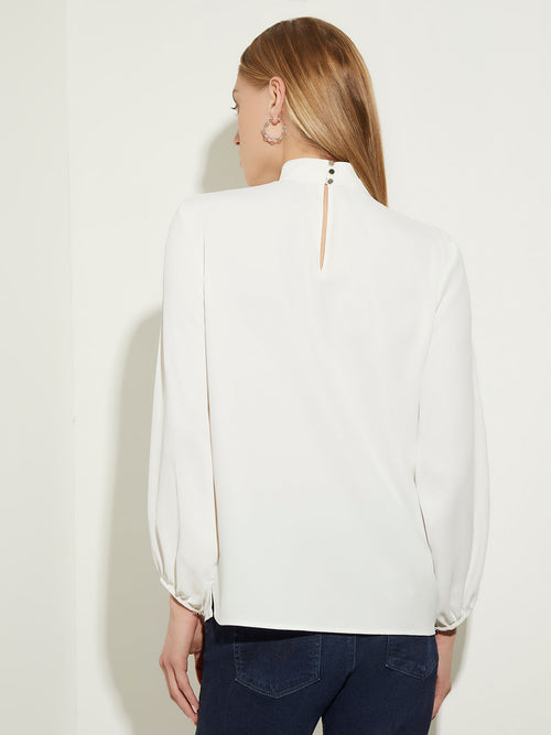 Gathered Mock Neck Crepe de Chine Blouse, White, White | Misook