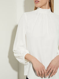 Gathered Mock Neck Crepe de Chine Blouse, White, White | Misook