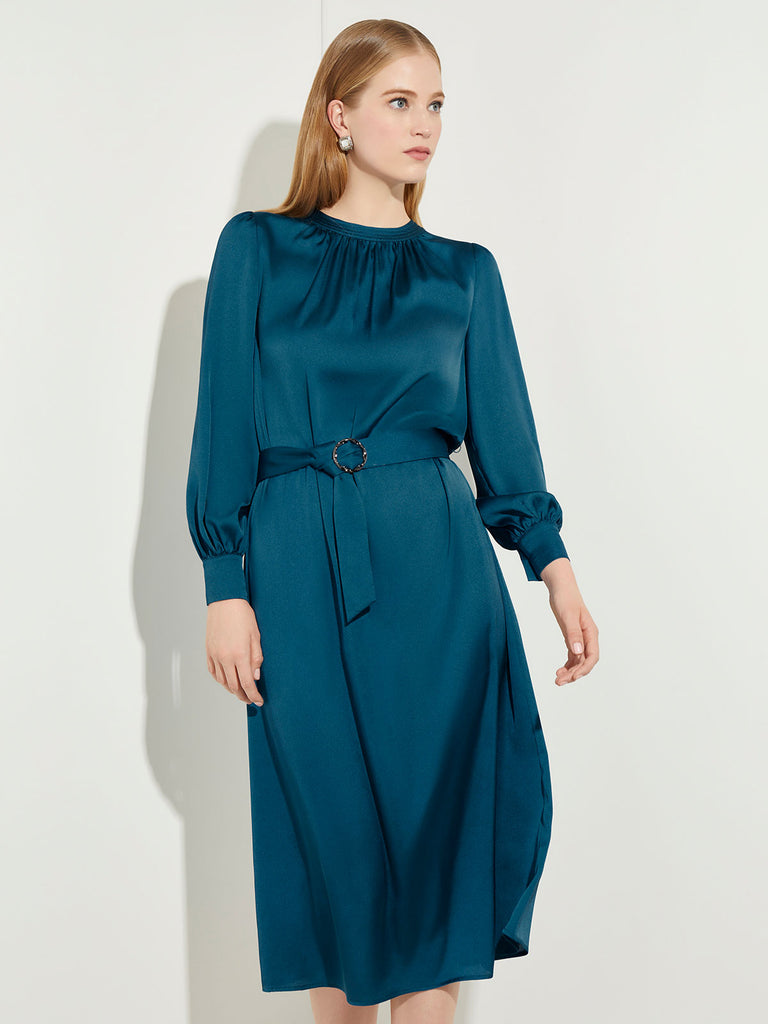 Gathered Neck Belted Crepe de Chine Dress – Misook