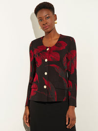 Oversized Floral Button-Front Knit Jacket, Scarlet Red/Black | Misook