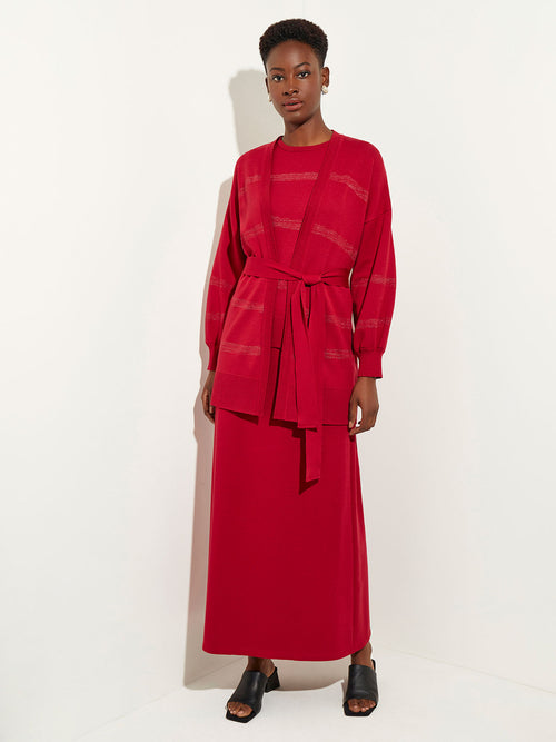 Shimmer Stripe Tie-Waist Soft Recycled Knit Cardigan, Scarlet Red, Scarlet Red | Misook