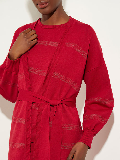 Shimmer Stripe Tie-Waist Soft Recycled Knit Cardigan, Scarlet Red, Scarlet Red | Misook