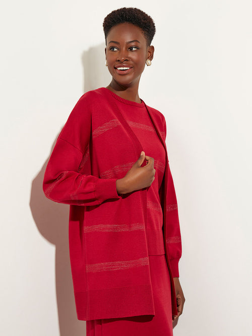 Shimmer Stripe Tie-Waist Soft Recycled Knit Cardigan, Scarlet Red, Scarlet Red | Misook
