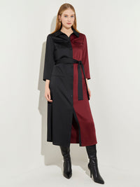Two-Tone Belted Crepe de Chine Shirt Dress, Scarlet Red/Black | Misook