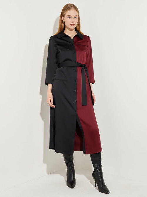 Two-Tone Belted Crepe de Chine Shirt Dress, Scarlet Red/Black | Misook