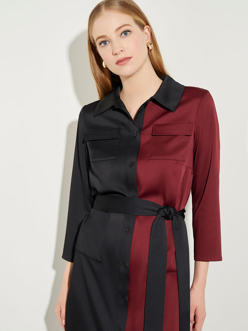 Two-Tone Belted Crepe de Chine Shirt Dress, Scarlet Red/Black | Misook