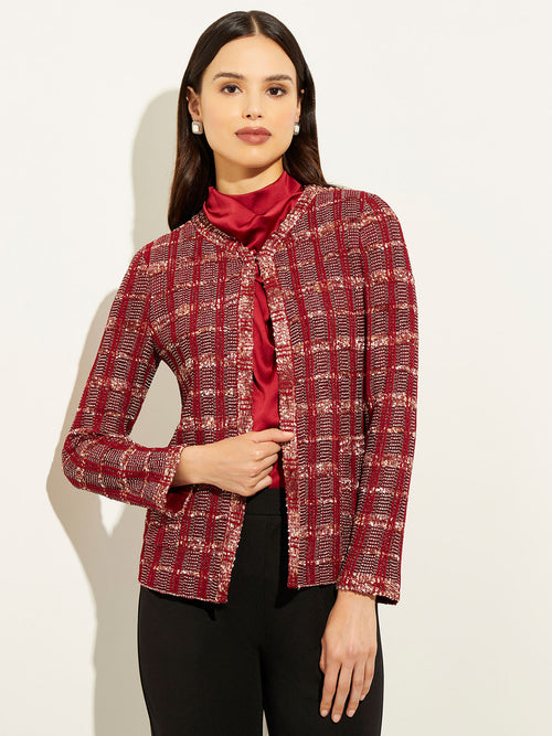 Eyelash Tweed Plaid Knit Jacket, Scarlet Red/Mahogany/Italian Clay/Biscotti/Black | Misook