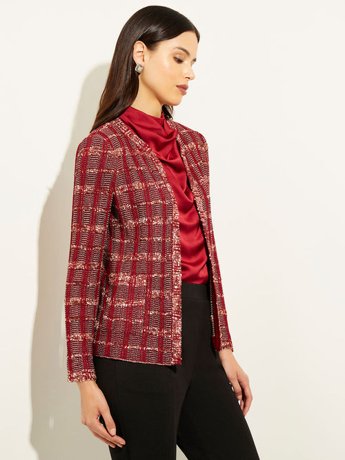 Eyelash Tweed Plaid Knit Jacket, Scarlet Red/Mahogany/Italian Clay/Biscotti/Black | Misook