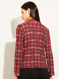 Eyelash Tweed Plaid Knit Jacket, Scarlet Red/Mahogany/Italian Clay/Biscotti/Black | Misook