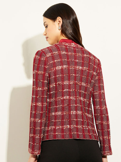 Eyelash Tweed Plaid Knit Jacket, Scarlet Red/Mahogany/Italian Clay/Biscotti/Black | Misook