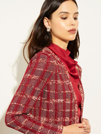 Eyelash Tweed Plaid Knit Jacket, Scarlet Red/Mahogany/Italian Clay/Biscotti/Black | Misook Premium Details