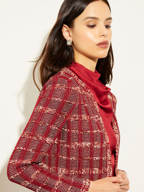 Eyelash Tweed Plaid Knit Jacket, Scarlet Red/Mahogany/Italian Clay/Biscotti/Black | Misook Premium Details