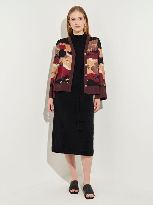 Landscape Pattern Button-Front Soft Knit Cardigan, Scarlet Red/Mahogany/Italian Clay/Biscotti/Black | Misook